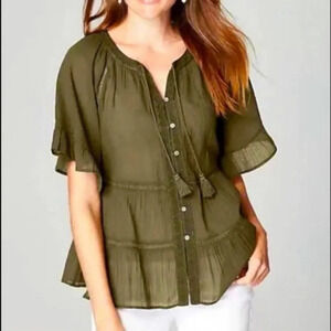 J.Jill NWOT Olive Green Bohemian Ruffled Tiered Peasant Blouse Size Medium